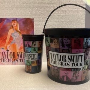 Taylor Swift Eras Tour Movie Popcorn Bucket, cup and mini poster.